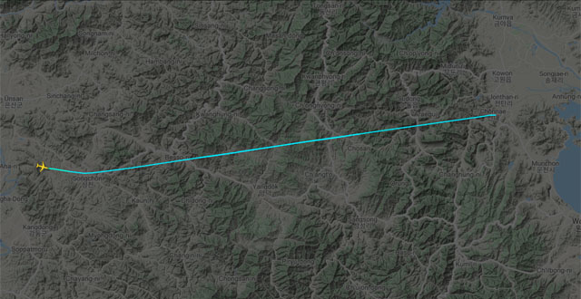 ▲ 지난 24일 오전 9시 평양 순안공항에서 이륙해 함경남도와 강원도 경계지역으로 날아간 고려항공 소속 An-148 여객기 항적. 이 여객기는 김정은의 전용기이기도 하다. ⓒ플라이트레이더24 관련화면 캡쳐.