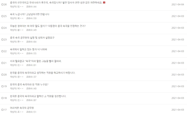▲ 5일 오후 4시 기준, 식약처 홈페이지 자유게시판에는 한국을 중국의 '속국'으로 포현한 식약처 대변인실 직원의 발언이 보도된 1일부터 이날까지 비판성 글이 65건 올라온 상황이다. 사진은 지난 1일부터 올라오기 시작한 '속국' 발언 관련한 시민들의 게시글. ⓒ식약처 홈페이지 캡처