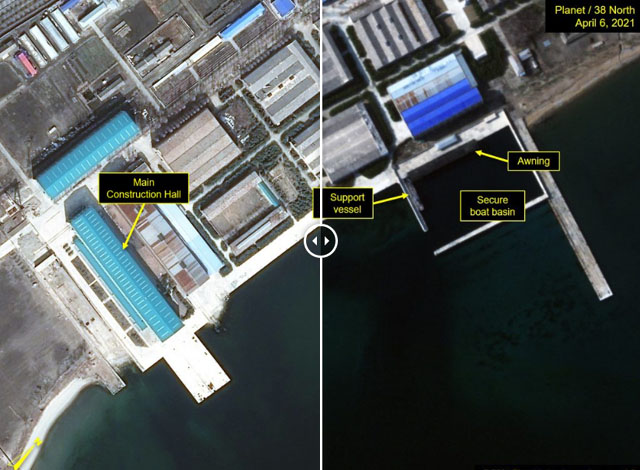 ▲ 북한이 6일 새벽 SLBM 발사에 쓰던 반잠수 바지선을 이동시켰다고 <38노스>가 밝혔다. ⓒ38노스 관련보고서 화면캡쳐.