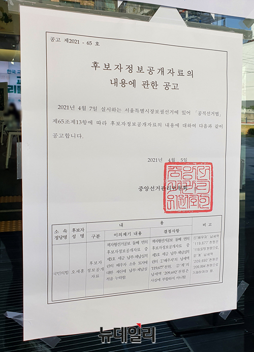 ▲ 4.7 재보궐선거일인 7일 오전 서울 송파구의 한 투표소 입구에 중앙선관위의 공고문의 부착돼 있다. 오세훈 국민의힘 서울시장 후보가 중앙선관위에 신고한 배우자의 최근 5년간 납세액은 1억1천967만7천원이다. 실제 납세액은 1억1천997만9천원으로 30만2천원을 더 납부했다. 중앙선관위는 이러한 내용을 담은 공고문을 서울관내 모든 투표소에 게시했다. ⓒ정상윤 기자