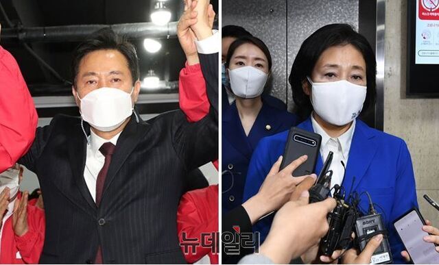 ▲ 국민의힘 소속 오세훈(왼쪽) 서울시장 당선인과 박영선 더불어민주당 후보. ⓒ이종현 기자