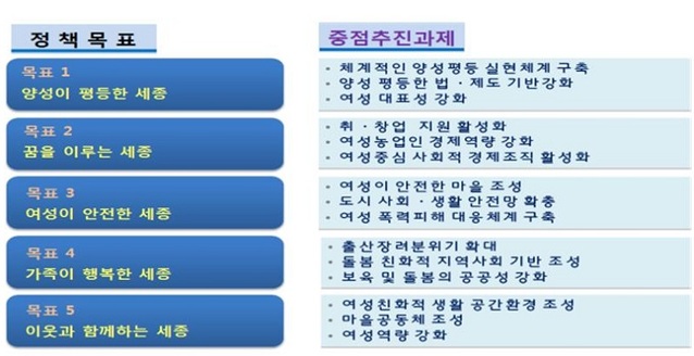 ▲ 세종시 여성친화도시 정책 추진 방안 계획표.ⓒ세종시