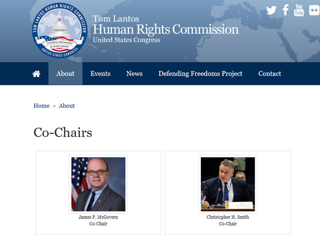 ▲ 미국 하원 톰 랜토스 인권위원회 공동 의장 소개. 제임스 맥거번 의원(민주당)과 크리스토퍼 스미스 의원(공화당)이 공동의장을 맡고 있다. ⓒ톰 랜토스 인권위원회 홈페이지 캡쳐.