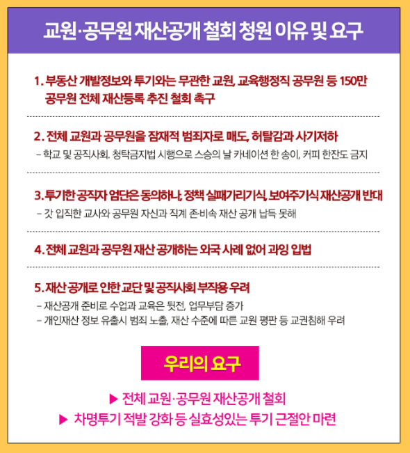 ▲ 한국교원단체총연합회(한국교총)가 진행하고 있는 '교원‧공무원 재산 공개 철회 촉구 전국 교원 청원운동'에 1주일 새 3만 명 넘게 동참했다. 사진은 한국교총 홈페이지 온라인 청원운동 화면에 소개된 '교원·공무원 재산 공개 철회 청원 이유 및 요구' 내용. ⓒ한국교원단체총연합회