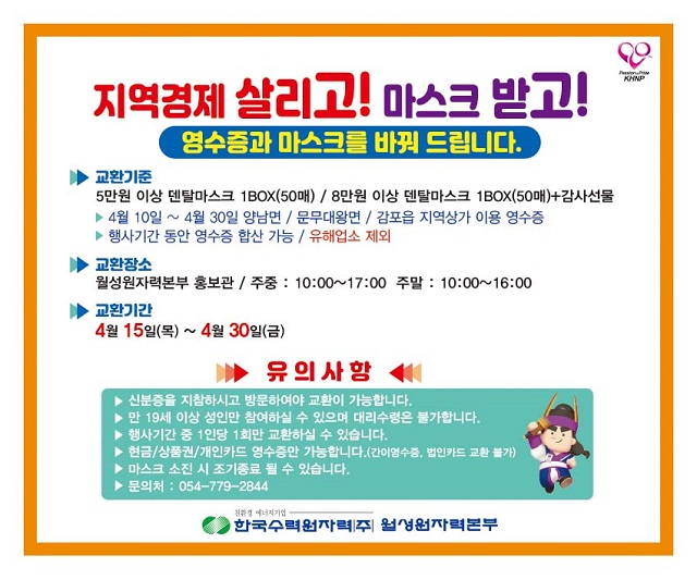 ▲ 월성원자력본부 ‘지역경제 살리고! 마스크 받고!’ 캠페인 포스터.ⓒ월성본부