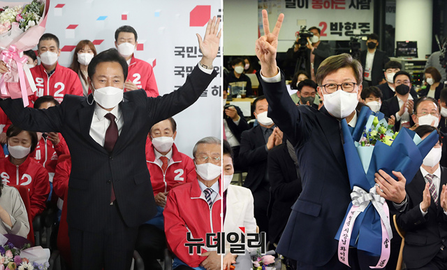 ▲ 4·7 재·보궐선거에서 승리한 국민의힘의 오세훈(왼쪽) 서울시장과 박형준 부산시장.ⓒ이종현 기자