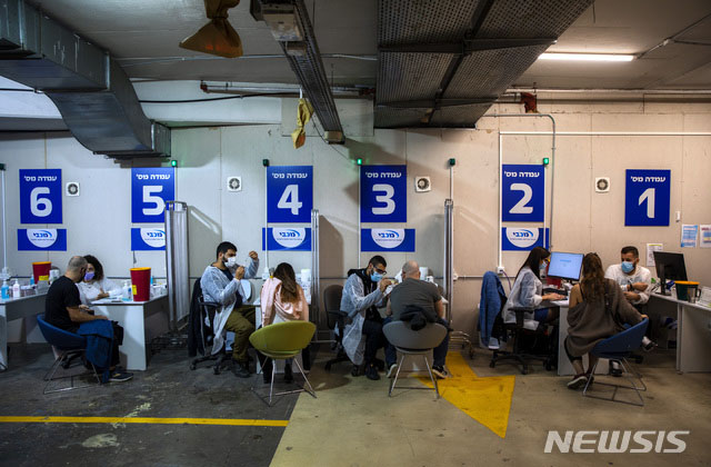 ▲ 지난 2월 촬영한 이스라엘의 우한코로나 백신접종 현장. 이스라엘은 우한코로나 확산 초기부터 총력을 다해 방역장비와 마스크, 안전한 백신을 확보하고 나섰다. 그 결과 현재는 세계 최초로 집단면역 상태에 도달했다. ⓒ뉴시스 AP. 무단전재 및 재배포 금지.