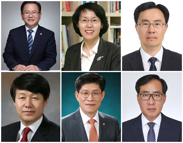 ▲ 왼쪽 위에서 시계방향으로 김부겸 국무총리·임혜숙 과기부 장관·문승욱 산업부 장관·박준영 해수부 장관·노형욱 국토부 장관·안경덕 노동부 장관 지명자 ⓒ청와대