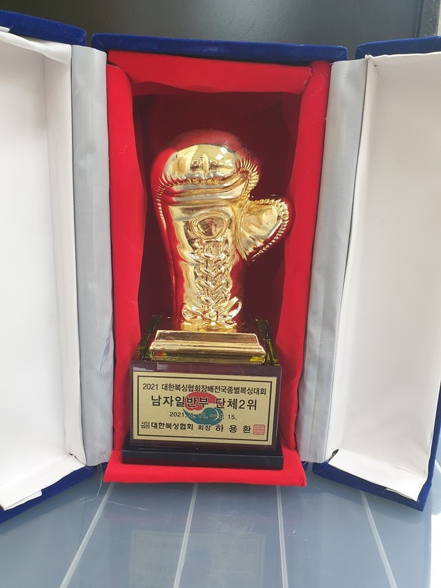 ▲ 보령시 복싱선수들이 받은 전국복싱대회 남자 일반부 단체 2위 입상 트로피.ⓒ보령시