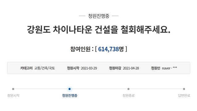 ▲ '강원도 차이나타운 건설을 철회해주세요'라는 청와대 국민청원 글은 20일 오후 4시 기준 61만4000명 이상의 동의를 얻었다. ⓒ청와대 홈페이지 캡쳐