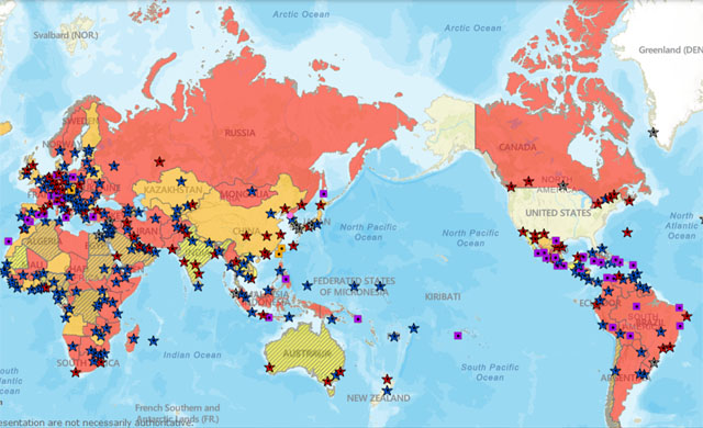 ▲ 미국 국무부가 20일(현지시간) 업데이트한 여행경보 정보. 색깔이 짙은 곳들이 여행금지국이다. ⓒ미국 국무부 홈페이지 캡쳐.