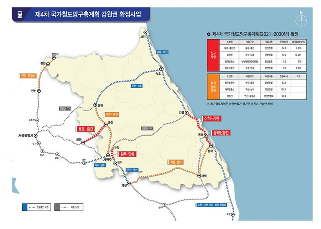 ▲ 용문~홍천·삼척~강릉 등 4차 국가철도망구축계획 ‘확정’노선도.ⓒ강원도