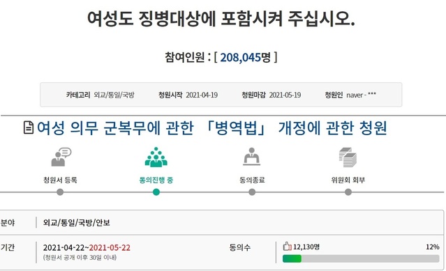 ▲ 여성 징병제 도입 관련 청원. ⓒ청와대, 국회 홈페이지
