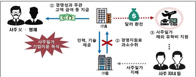 ▲ 사주일가에 고액 급여·퇴직금을 지급하거나 사주일가 지배회사로부터 사주자녀 해외 유학비를 편법 지원한 사례 ⓒ국세청 자료