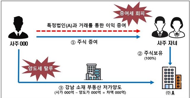 ▲ 사주가 자녀들에게 비상장법인 주식증여 후, 동 법인에게 노른자위 땅을 시세보다 현저히 낮은 가격에 양도해 변칙 증여한 사례 ⓒ국세청 자료