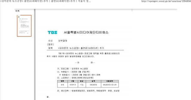▲ 서울시 홈페이지에 공개된 TBS 라디오 '김어준의 뉴스공장' 출연자 출연료 지급 내역 문서. ⓒ경변 제공