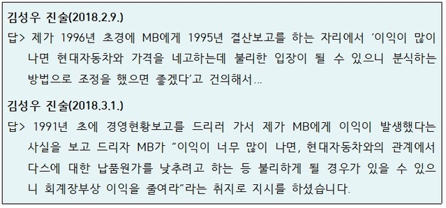 ▲ 김성우 전 다스 사장이 2018년 2월과 3월 검찰 조사에서 진술한 내용 중 일부.ⓒ자료=강훈 변호사