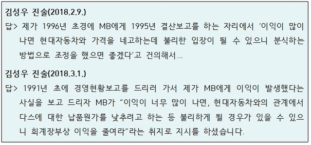 ▲ 김성우 전 다스 사장이 2018년 2월과 3월 검찰 조사에서 진술한 내용 중 일부.ⓒ자료=강훈 변호사