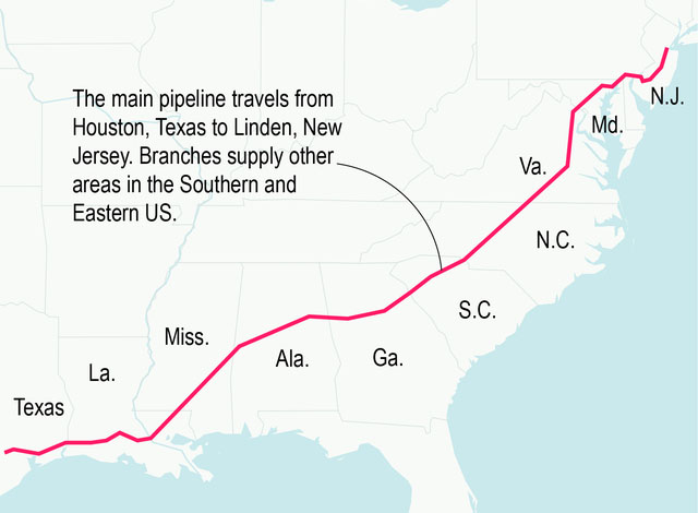 ▲ 랜섬웨어 해킹 공격으로 가동을 중단한 '콜로니얼 파이프라인'의 송유관 라인. 미국 동부 전역에 뻗어있다. ⓒ뉴시스 AP. 무단전재 및 재배포 금지.