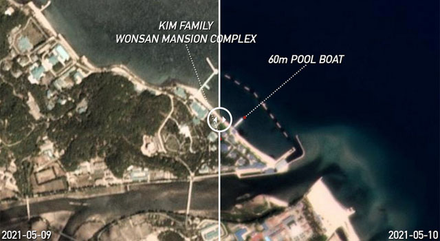 ▲ 지난 9일과 10일 북한 강원도 원산 김정은 특각 주변을 촬영한 위성사진. 해안 부두에 김정은의 요트가 정박해 있다. ⓒNK뉴스 관련보도 화면캡쳐-플래닛 랩스 촬영.