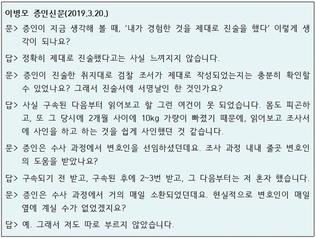 ▲ 이병모 청계재단 사무국장의 증인신문 내용.ⓒ자료=강훈 변호사