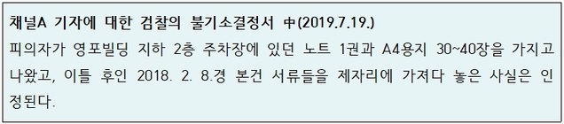 ▲ 채널A 기자에 대한 검찰의 불기소 결정문 중 일부 내용.ⓒ자료=강훈 변호사