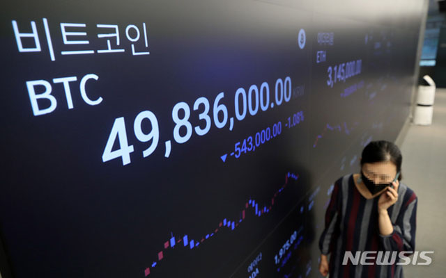 ▲ 지난 20일 강남의 한 암호화폐 거래소 앞에 붙은 시세판에 나타난 비트코인 가격. ⓒ뉴시스. 무단전재 및 재배포 금지.