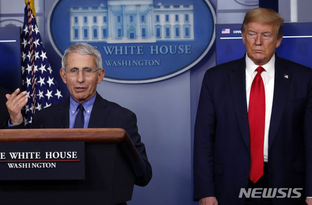 ▲ 지난해 4월 백악관에서 우한코로나에 대한 브리핑을 하는 앤서니 파우치 미국 국립 알레르기-감염병 연구소 소장. 그는 트럼프 대통령 앞에서도 우한코로나의 자연발생설을 굽히지 않았었다. ⓒ뉴시스 AP. 무단전재 및 재배포 금지.