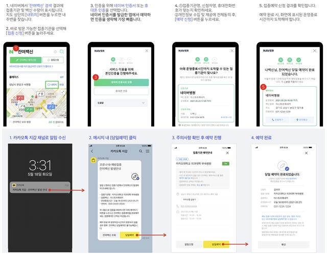 ▲ 네이버(상단), 카카오톡(하단) 잔여백신 예약 시스템 화면. ⓒ질병관리청