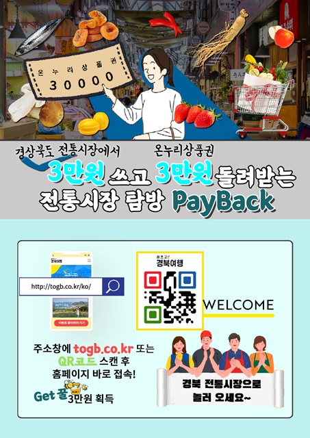 ▲ 경상북도는 지난 25일부터 경북에 있는 211개 전통시장과 상점가를 방문해 3만 원 이상 소비한 방문객에게 온누리상품권 3만 원을 되돌려주는 ‘고향사랑 전통시장 탐방 이벤트’를 시행한다.ⓒ경북도