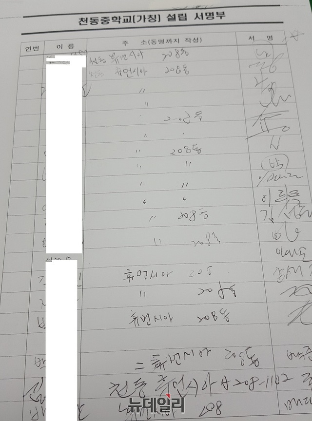 ▲ 대전 천둥중학교 신설 건의와 관련해 주민 5490명의 서명이 담긴 연명부.ⓒ뉴데일리 DB