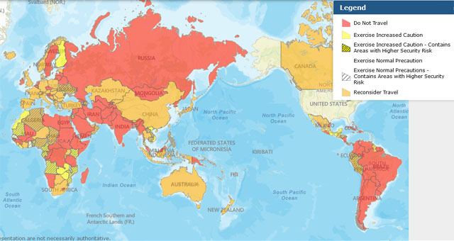 ▲ 미국 국무부는 지난 8일(현지시간) 전 세계 여행경보를 조정발표했다. 한국에 대한 여행경보는 2단계에서 1단계 '안전한 나라'로 완화됐다. ⓒ미국 국무부 해외여행경보 지도캡쳐.
