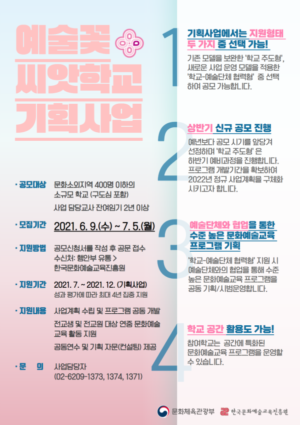 ▲ '예술꽃 씨앗학교' 기획사업 공모.ⓒ한국문화예술교육진흥원