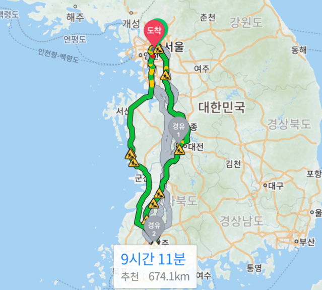 ▲ 이준석 국민의힘 대표가 14일 오전 서울역→국립대전현충원→광주광역시 동구청→서울 국회의사당까지 이동한 거리는 약 674km에 달한다. ⓒ네이버 지도 캡처
