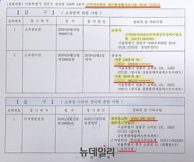 ▲ 고덕주공3단지 A조합장과 둘째아들이 소유중인 고덕아르테온 상가 등기부등본. ⓒ 뉴데일리DB