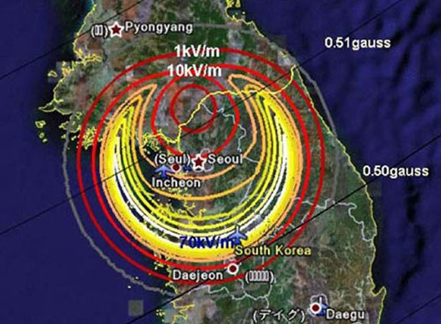▲ 수도권 상공에서 핵폭발이 일어날 경우 EMP가 영향을 끼치는 범위. ⓒ일본언론 관련보도 화면캡쳐