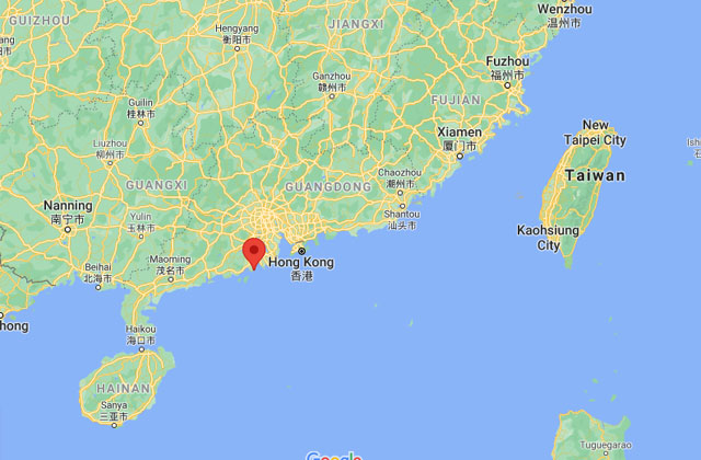 ▲ 논란이 이는 중국 광둥성 타이산 원전의 위치. 홍콩과는 140km, 대만과는 700km 가량 떨어져 있다. 이 지역의 바람은 서쪽에서 동쪽으로 분다. ⓒ구글 지도 캡쳐.