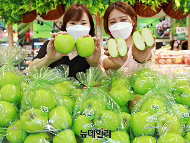 ▲ 7일, 서울시 중구 롯데마트 서울역점에서 모델들이 '썸머킹 사과'를 홍보하고 있다. ⓒ롯데쇼핑