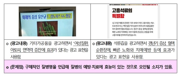▲ 한국소비자원이 공개한 라이브 커머스 부당광고 사례 ⓒ한국소비자원