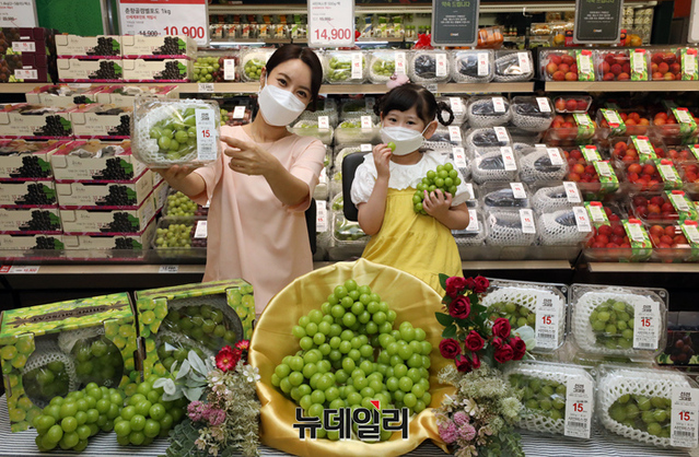 ▲ 15일 오전 이마트 성수점에서 모델들이 샤인머스캣을 소개하고 있다. ⓒ이마트