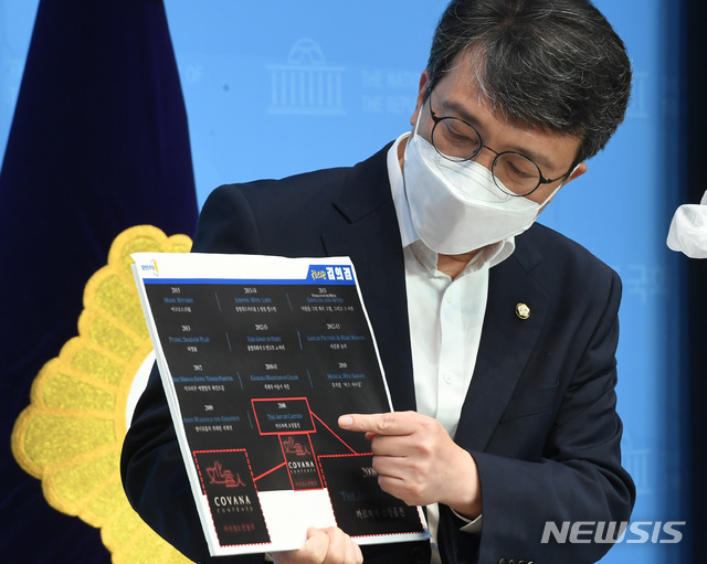 ▲ 김의겸 열린민주당 의원이 22일 서울 여의도 국회 소통관에서 윤석열 전 검찰총장 부인 김건희 씨가 전시 실적을 허위로 기재해 홍보했다는 의혹을 제기하고 있다. ⓒ뉴시스