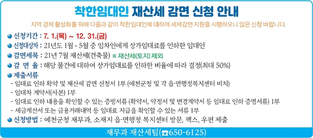 ▲ 예천군(군수 김학동)은 코로나19로 어려움을 겪고 있는 소상공인에게 임대료를 인하해준 ‘착한 임대인’에게 재산세(건축물)를 최대 50% 감면 지원한다.ⓒ예천군