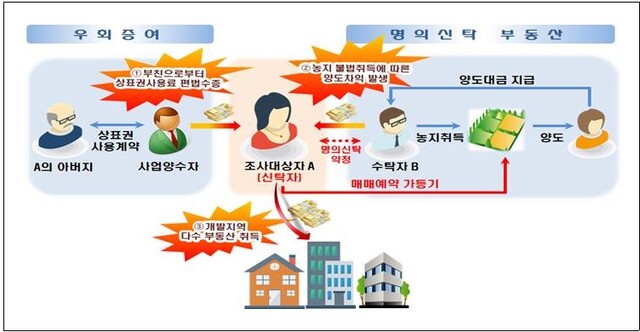 ▲ 우회 증여로 부동산 취득자금을 증여 받고 명의신탁으로 농지를 불법취득한 사례 ⓒ국세청 자료