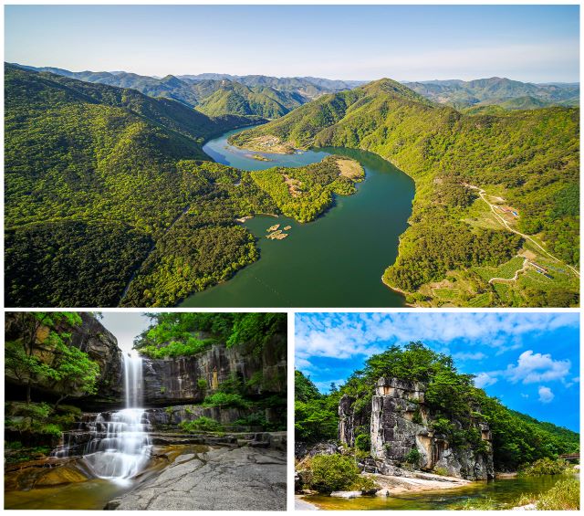 ▲ 괴산군 관광지(위 산막이옛길, 아래 좌측 수옥폭포, 아래 우측 화양구곡 학소대)ⓒ괴산군