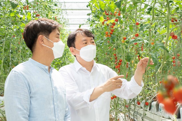 ▲ NH농협은행 권준학 은행장(사진 오른쪽)이 10일 경기도 평택시에 위치한 ‘디디팜 농장’을 방문하여 이영석 대표(사진 왼쪽)와 함께 농가를 둘러보고 있다.ⓒ농협은행