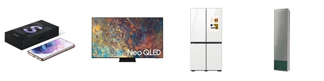 ▲ (왼쪽부터) 갤럭시 S21, Neo QLED, 비스포크 냉장고, 비스포크 무풍에어컨. ⓒ삼성전자