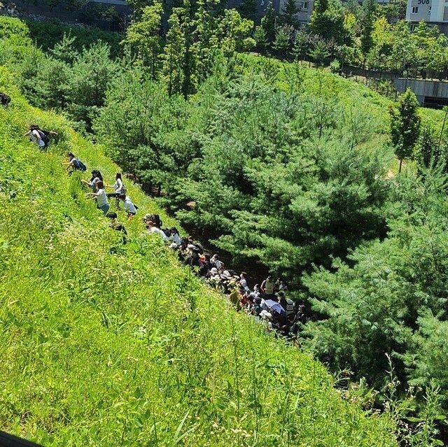 ▲ 민노총 시위대가 지난 7월23일 강원도 원주 혁신도시 국민건강보험공단 앞에서 집회를 강행하려다 경찰에 의해 저지되자 인근 언덕을 오르고 있다.ⓒ인터넷 커뮤니티 캡처