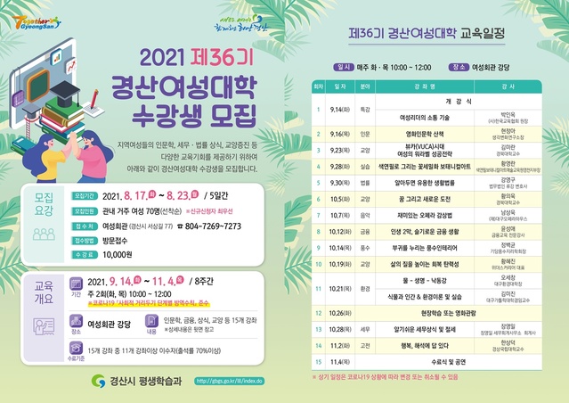 ▲ 경산시(시장 최영조)는 2021년 ‘제36기 경산여성대학’을 운영하기로 하고 수강생을 모집한다고 밝혔다.ⓒ경산시