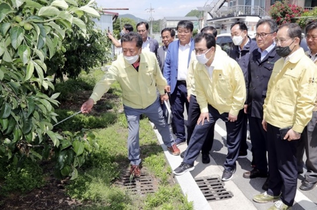 ▲ 이시종 충북도지사가 지난해 5월 27일 충주시 산척면 과수화상병 발생 농가를 찾아 관계자들로부터 설명을 듣고 있다.ⓒ충북도