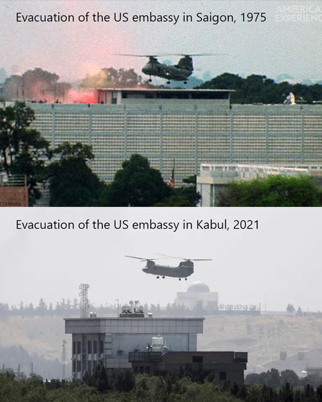▲ 미국 커뮤니티 '레딧'에 올라온 사진. 1975년 4월 베트남 패망 당시 사이공 미대사관과 2021년 8월 아프간 패망 때 카불 미대사관을 비교했다. ⓒ레딧 해당 스레드 화면캡쳐.